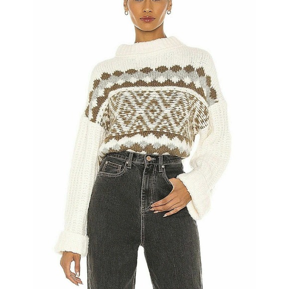 Free People Alpine Crop Mock Neck Sweater Ivory Chunky Oversize